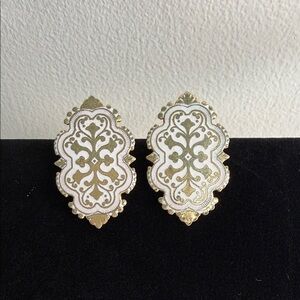 Vintage Gold and White Ornate Clip On  Earrings